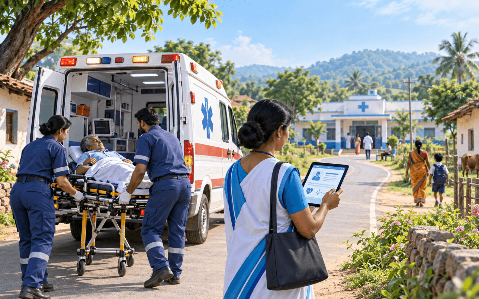 Rural healthcare worker coordinating an ambulance referral to a primary health centre